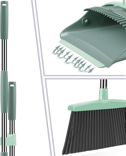 Ivandar Broom and Dustpan Set for Home, Broom and Dustpan Combo for Office, Long Handle Broom with Upright Standing Dust pan,Indoor&Outdoor Sweeping (Gray&Orange)
