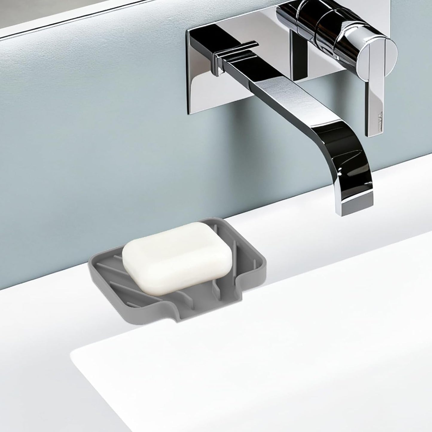 JACZZO Silicone Sponge Holder for Kitchen Sink With Drain Spout, Self Draining, Kitchen Soap Tray, Bathroom Organizer, Sink Caddy (Grey, 10×4)