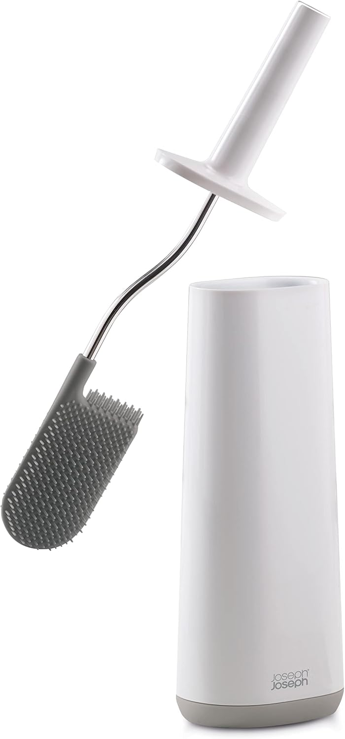 Joseph Joseph Flex Hygienic Silicone Toilet Brush with Slim Holder Set, Flexible Anti-drip, Anti-Clog Deep Clean Head - Stainless Steel