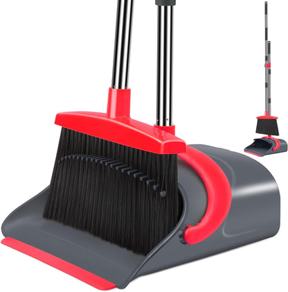 Ivandar Broom and Dustpan Set for Home, Broom and Dustpan Combo for Office, Long Handle Broom with Upright Standing Dust pan,Indoor&Outdoor Sweeping (Gray&Orange)