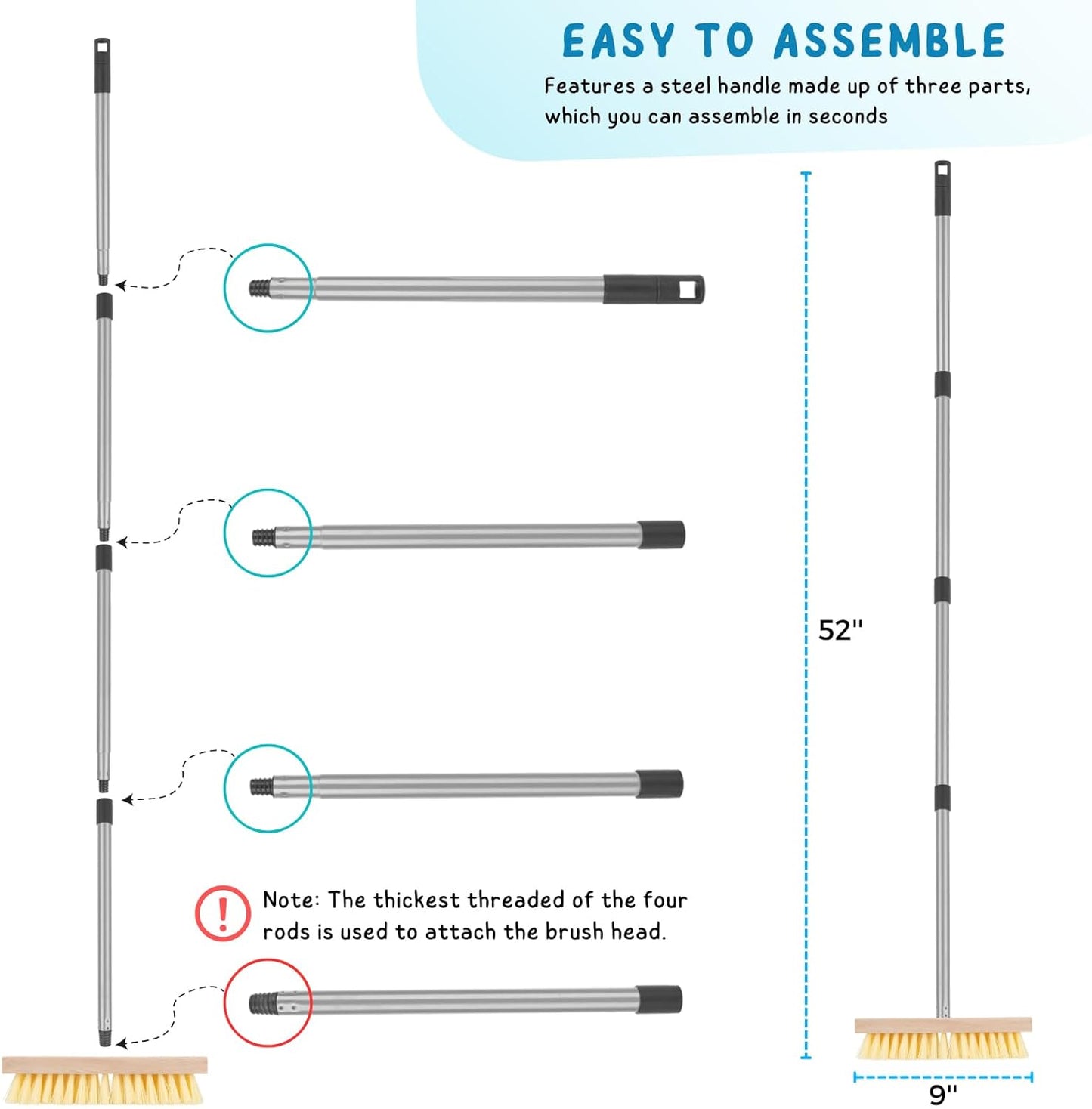 Stainless Steel Wire Scrub Brush with Long Handle for Deck, Concrete, Patio Floor Cleaning, 59'' Heavy Duty Stiff Metal Bristle Scrubber Broom for Outdoor Moss Removal
