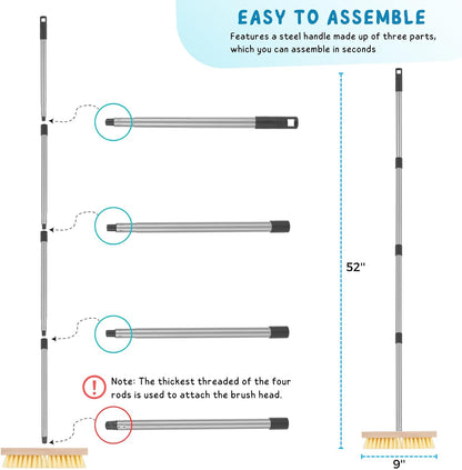 Stainless Steel Wire Scrub Brush with Long Handle for Deck, Concrete, Patio Floor Cleaning, 59'' Heavy Duty Stiff Metal Bristle Scrubber Broom for Outdoor Moss Removal