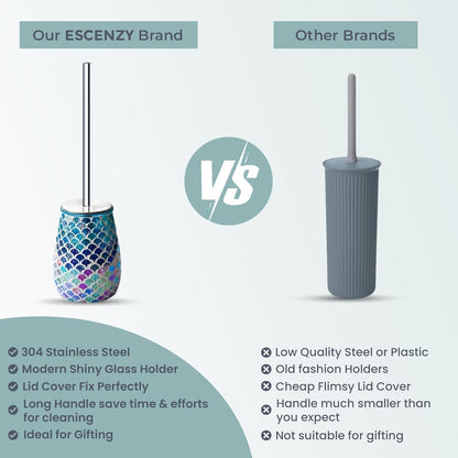 Escenzy Turquoise Green Toilet Brush and Holder Set Mosaic Glass | Non-Rustic Stainless Steel | Practical & Decorative Toilet Bowl Brush and Holder | Luxury Green Bathroom Accessories