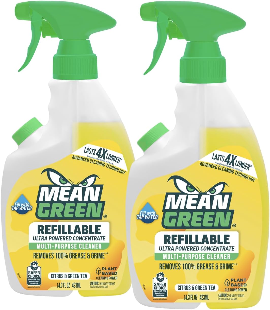 Mean Green Refillable Ultra Powered Multi-Purpose Cleaner Concentrate, Citrus & Green Tea, 14.3 fl oz – Plant & Mineral Based, Cuts Through Grease & Grime, Refillable Bottle Makes 4X Refills