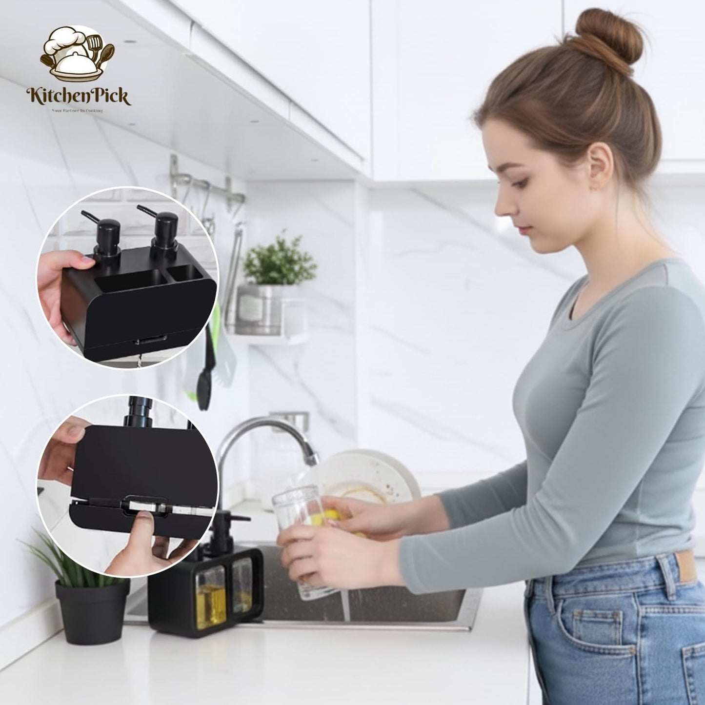 2-in-1 Kitchen Sink Liquid Dish Soap Dispenser Set for Hands and Dishes, Matte Black Dual Refillable Pump Bottle, with Sponge Caddy & Brush Holder, Countertop Organizer Gadget