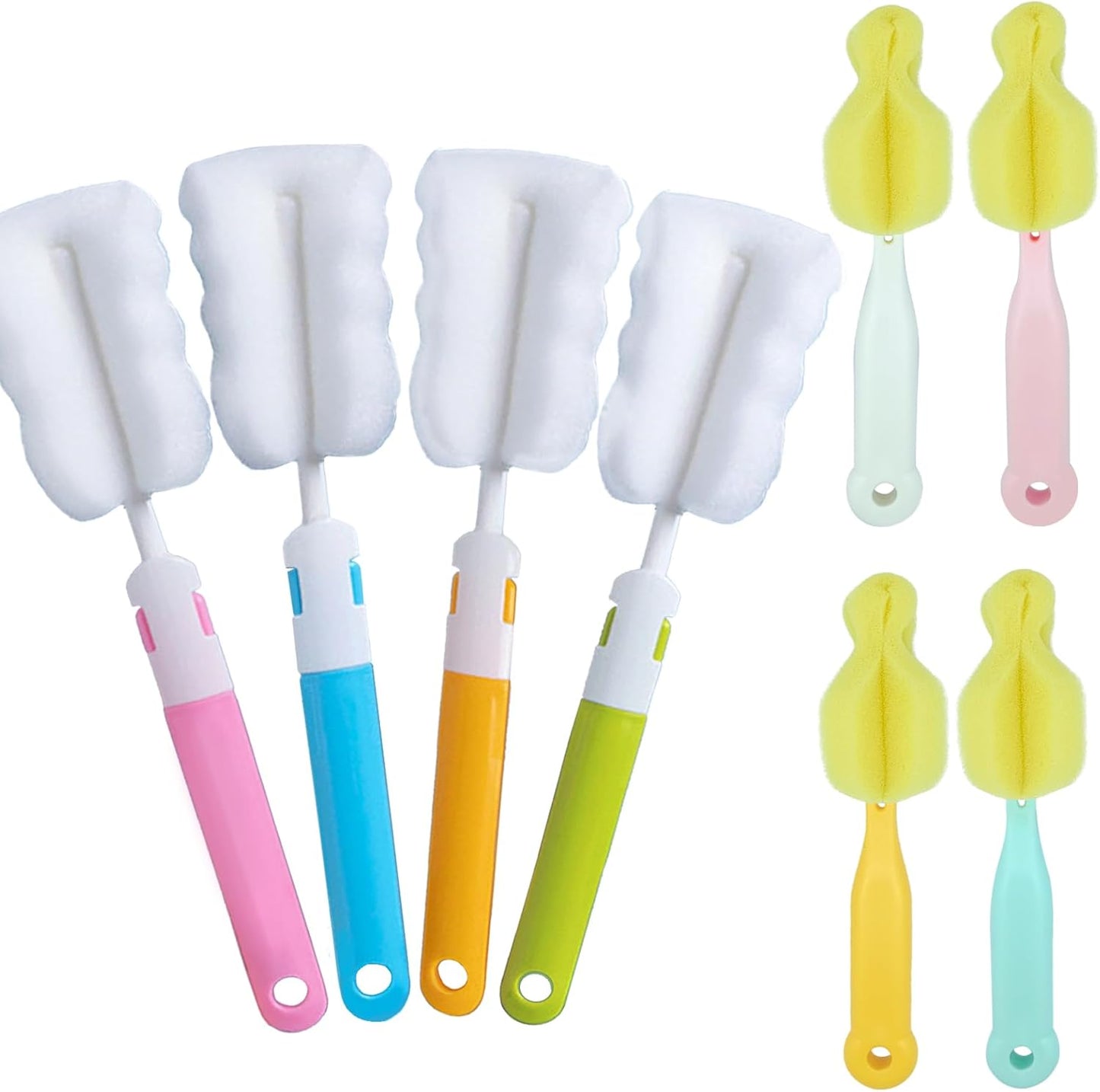 Bottle Brush Sponge Cup Brush Set with 4 Replacement Brush Head Portable Long Handle Water Bottle Cleaner Brush, for Baby Bottles Vacuum Flasks (4 Brushes + 4 Heads)