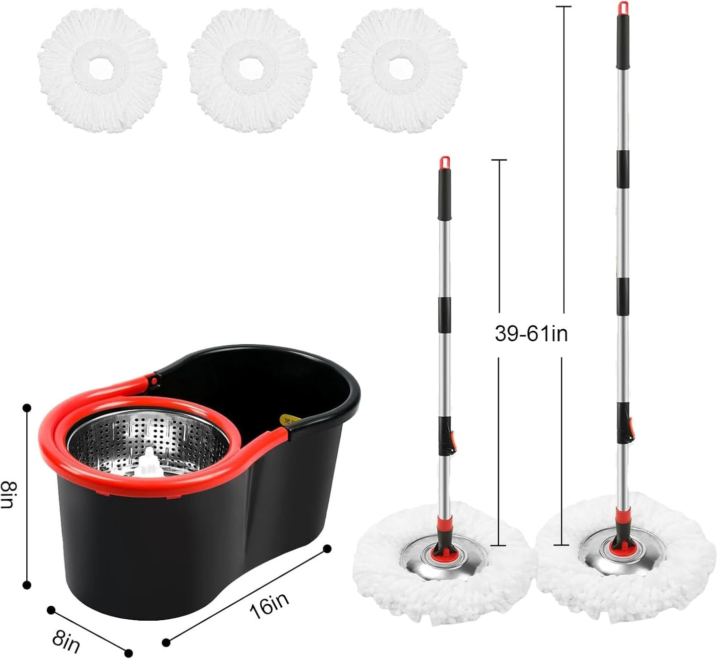 Spin Mop and Bucket Set, 360° Spinning Mop and Bucket System, for Mop Floor Cleaning, with 3 Microfiber Mop Replacement Heads and 61" Stainless Steel Adjustable Handle