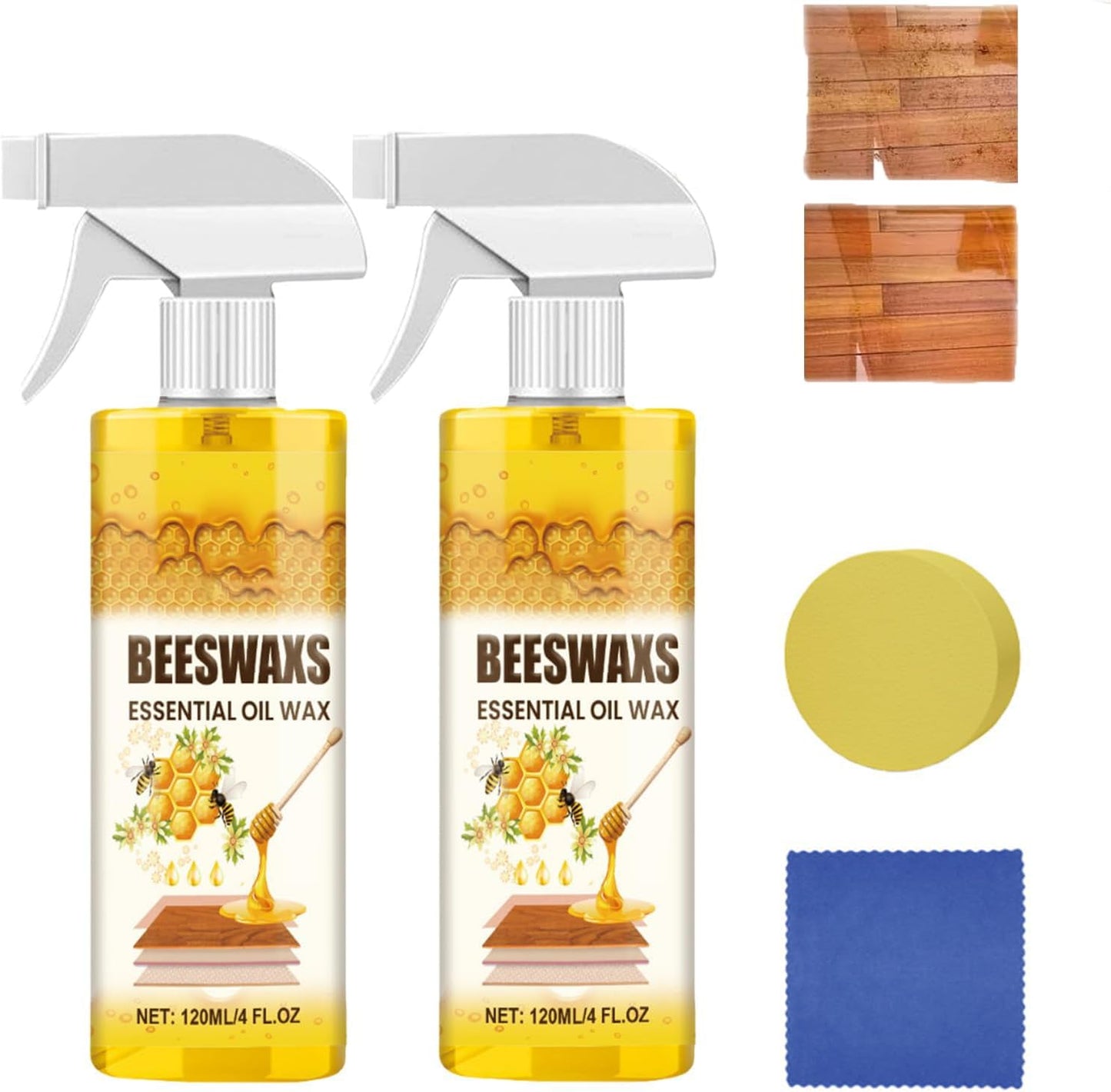 Wood Polish Spray– Shine & Protect + Free Sponge & Towel, Bees Wax Furniture Polish and Cleaner, Natural Care and Repair Agent, Suitable for Living Room, Kitchen, Wooden Furniture and Floor (2PCS)
