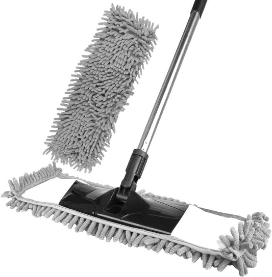 Dust Mop for Floor Cleaning with 2 Washable Chenille Pads and Extendable 58” Long Handle, Dry Wet Flat Mop with Scouring Pad for Hardwood, Laminate, Tile, Marble (Green)