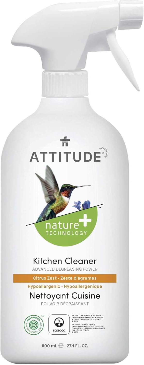 ATTITUDE Kitchen Cleaner Spray, EWG Verified, Degreaser Spray to Cut Grease & Grime, Plant-Based & Vegan, Citrus Zest Scent, 27.1 Fl Oz