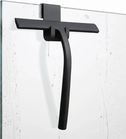 Shower Squeegee for Glass Doors, Mirror Window Tile Scrubber Cleaner with Hook Silicone (Black)