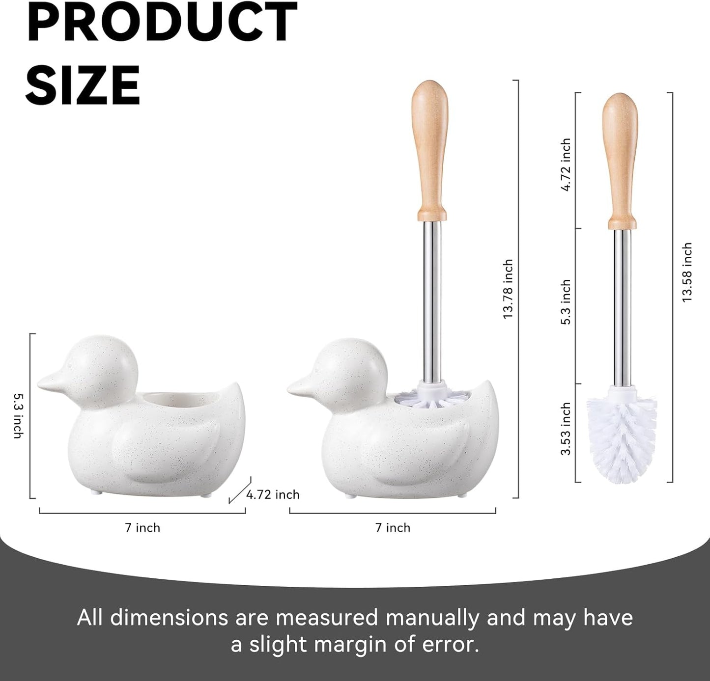 Duck Toilet Brush and Holder Set - Ceramic Bathroom Toilet Scrubber Brush Organizer with Wooden & Stainless SteelHandle, Gold Toilet Brush & Cute Duck Design for Bath Decor Storage