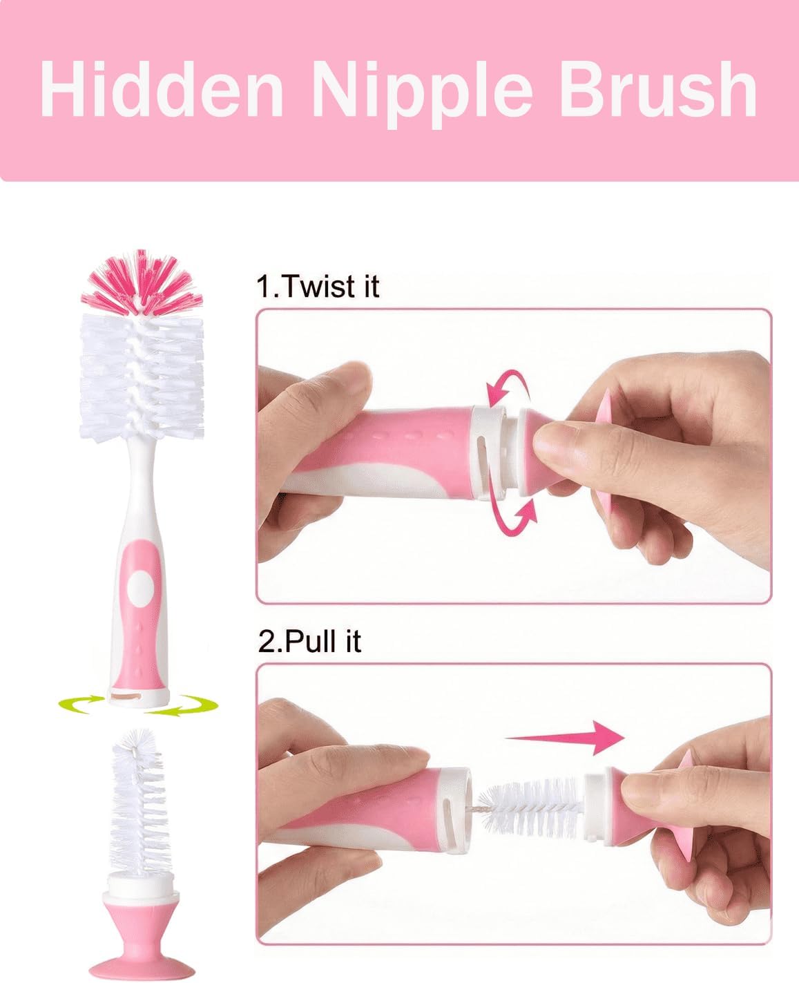 Baby Bottle Brush Set 4 in 1, Baby Bottle Cleaner, with 1P Nylon Bottle Brush, 1P Bottle Cap Brushes, 2P Straw Brushes, Bottle Brush with Nipple Cleaner and Suction Cup, BPA-Free(Green)