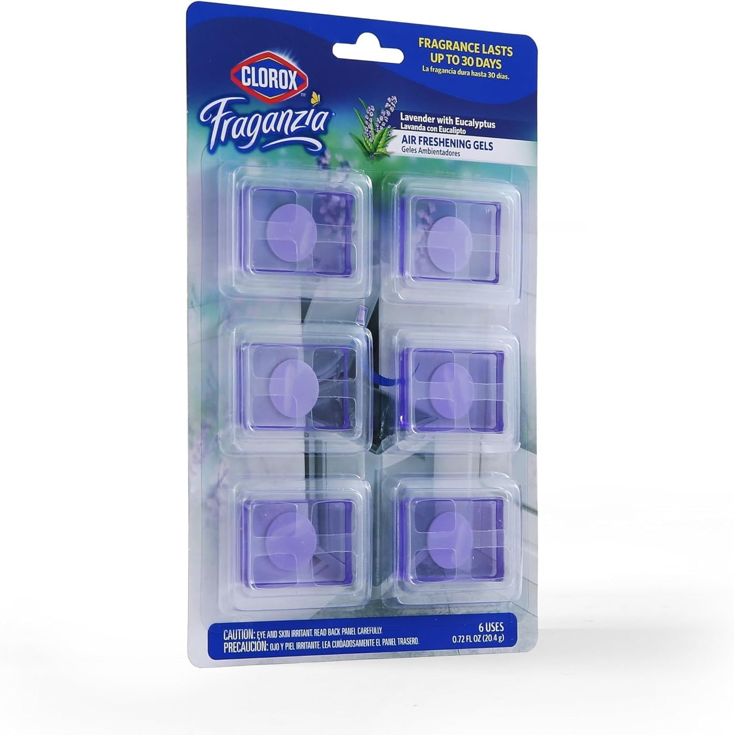 Clorox Fraganzia Stick-On Gel Fresheners, Lavender with Eucalyptus Trash Can Deodorizer Up to 30 Days Scent, Odor Absorber for Kitchen, Bathroom, Closet, No Plug or Batteries, 0.12 Fl Oz, 6 Count