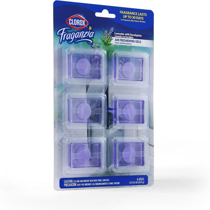 Clorox Fraganzia Stick-On Gel Fresheners, Lavender with Eucalyptus Trash Can Deodorizer Up to 30 Days Scent, Odor Absorber for Kitchen, Bathroom, Closet, No Plug or Batteries, 0.12 Fl Oz, 6 Count