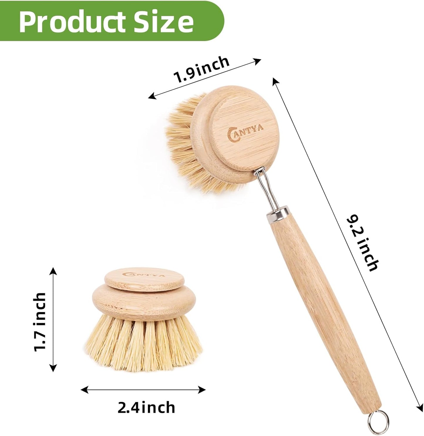 Bamboo Dish Brush with Handle - Soft Bristle, Non Toxic Dish Scrubber Compostable & Sustainable Bamboo Scrub Brush for Dishes, Pots and Pans