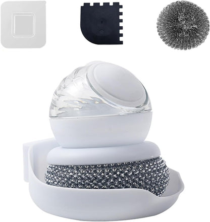 Dish Brush with Soap Dispenser, Steel Wool Scrubber with Replaceable Steel Wool, Pan Scraper and PET Scouring Pad, Wire Brush for Cleaning Cast Iron, Grill Pans, Stock Pots, Grills, Sinks (White)