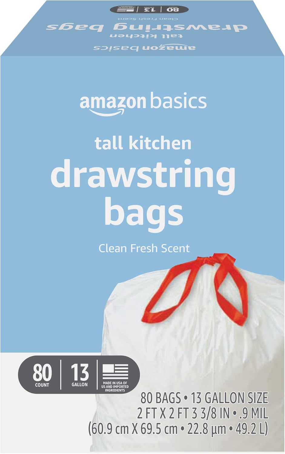 Amazon Basics Scented Trash Bags, Tall Kitchen Drawstring, Clean Fresh Scent, 13 Gallon, 200 Count, Pack of 1