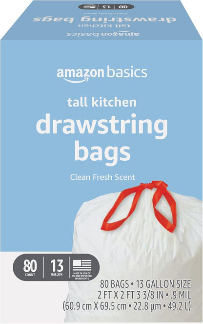 Amazon Basics Scented Trash Bags, Tall Kitchen Drawstring, Clean Fresh Scent, 13 Gallon, 200 Count, Pack of 1