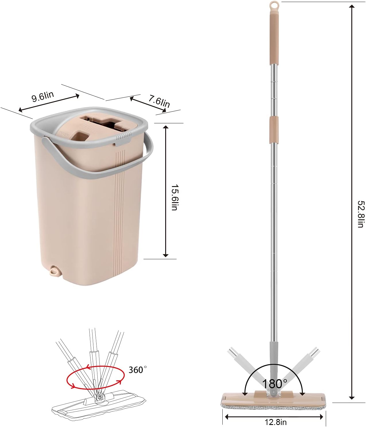 Squeeze Mop and Bucket Set with 4 Microfiber Mop Pads for Floor Cleaning, Flat Mop and Bucket with Wringer Set, Wall and Baseboard Cleanering Mop with a Holder