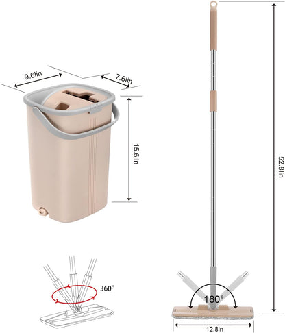 Squeeze Mop and Bucket Set with 4 Microfiber Mop Pads for Floor Cleaning, Flat Mop and Bucket with Wringer Set, Wall and Baseboard Cleanering Mop with a Holder