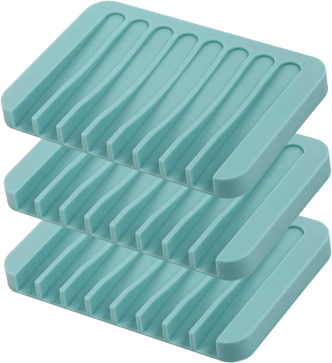 Self Draining Soap Dishes, 3 Pcs Silicone Soap Saver, Waterfall Drainer Soap Holder for Bathroom, Extend Soap Life, Keep Soap Bars Dry Clean & Easy Cleaning (White, Gray, Teal)
