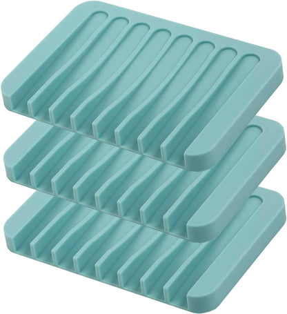 Self Draining Soap Dishes, 3 Pcs Silicone Soap Saver, Waterfall Drainer Soap Holder for Bathroom, Extend Soap Life, Keep Soap Bars Dry Clean & Easy Cleaning (White, Gray, Teal)