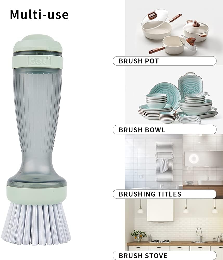 CQT Dish Brush with Soap Dispenser – One-Press Suds, Built-in Scrubbing Pad, Non-Slip Handle for Pots, Pans & Non-Stick Cookware – Includes 2 Refill Heads