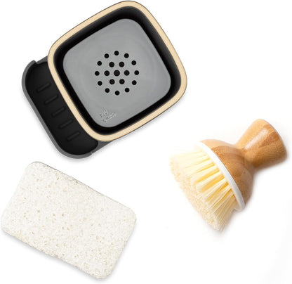 Full Circle Bubble Up Bamboo Dish Brush & Ceramic Soap Dispenser – Family Safe, Formaldehyde-Free – Kitchen Scrub Brush for Dishes, Nonstick & Cast Iron, Gray