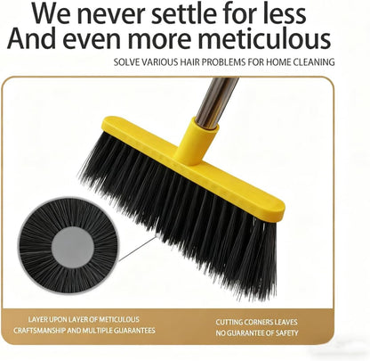 Broom and Dustpan Set with Long Handle - Upright Dustpan & 3 Rows Dense Bristles, Ideal for Home, Office, Kitchen, Lobby, Shop, All-Purpose Indoor & Outdoor Sweeping,Gray&Yellow