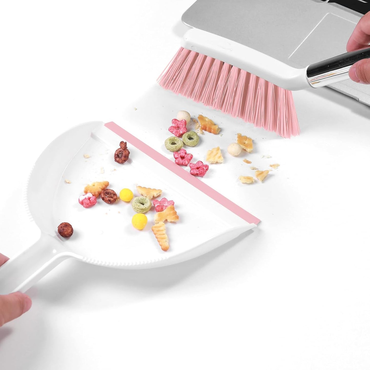 NACENA Mini Broom and Dustpan Set, Small Dust Pan and Brush Set with Handle Dustpan Teeth for Cleaning Hair Suitable for Office Desks Drawers Sofas Outdoor Camping, Light & Purple