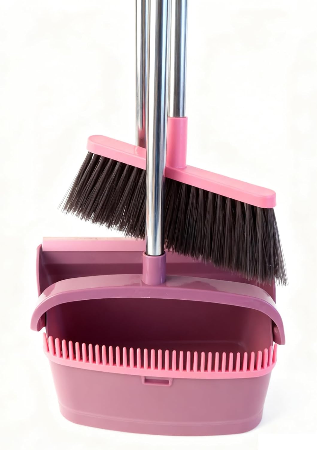 Broom and Dustpan Set with Long Handle - Upright Dustpan & 3 Rows Dense Bristles, Ideal for Home, Office, Kitchen, Lobby, Shop, All-Purpose Indoor & Outdoor Sweeping,Gray&Yellow