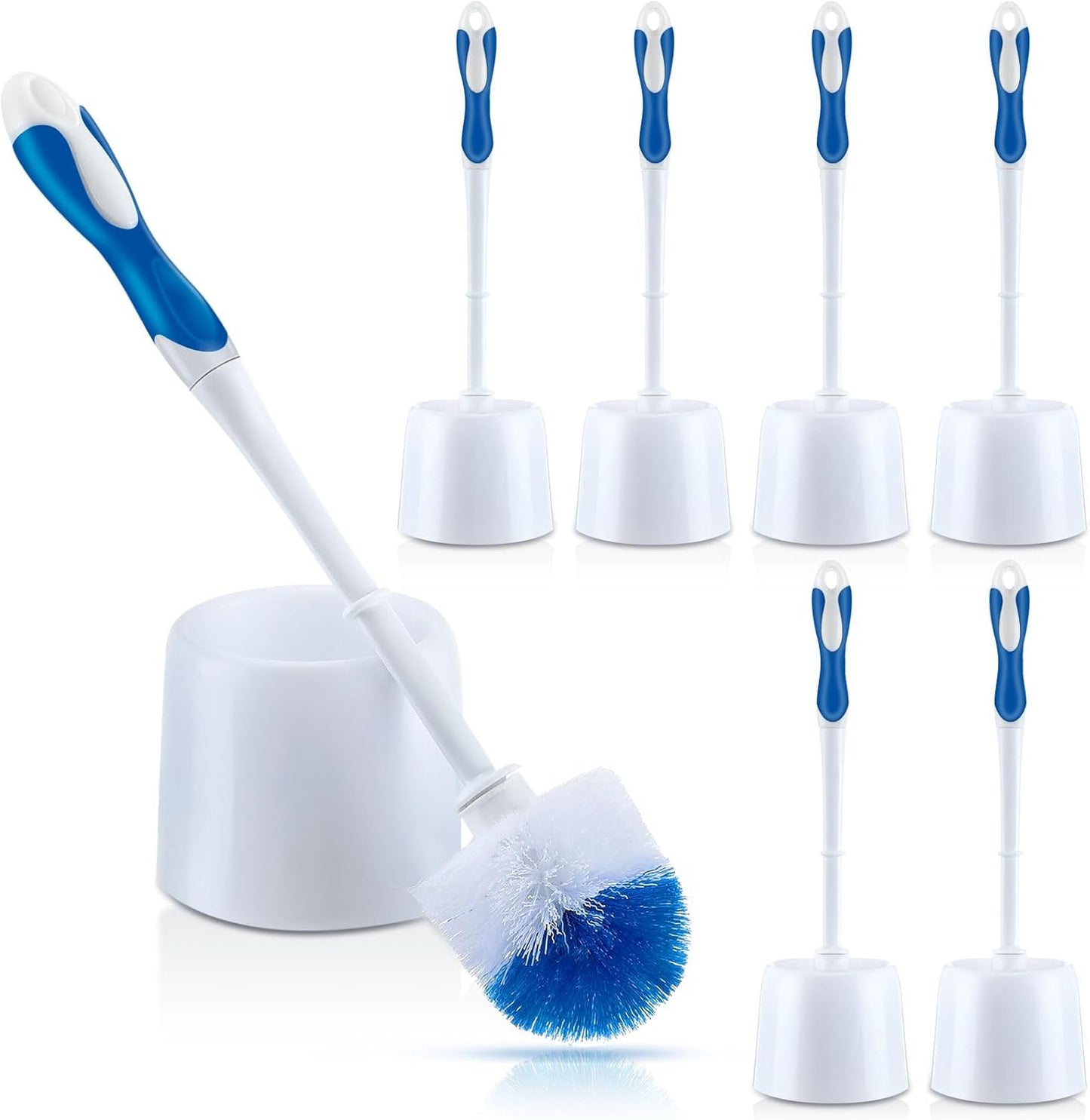 Tioncy 6 Pack Toilet Brush with Holder, 14.96 Inch Toilet Bowl Brush Set, Stiff Bristles Scrubber for Deep Cleaning, Base Caddy, Bathroom Cleaning Supplies (Blue,White)