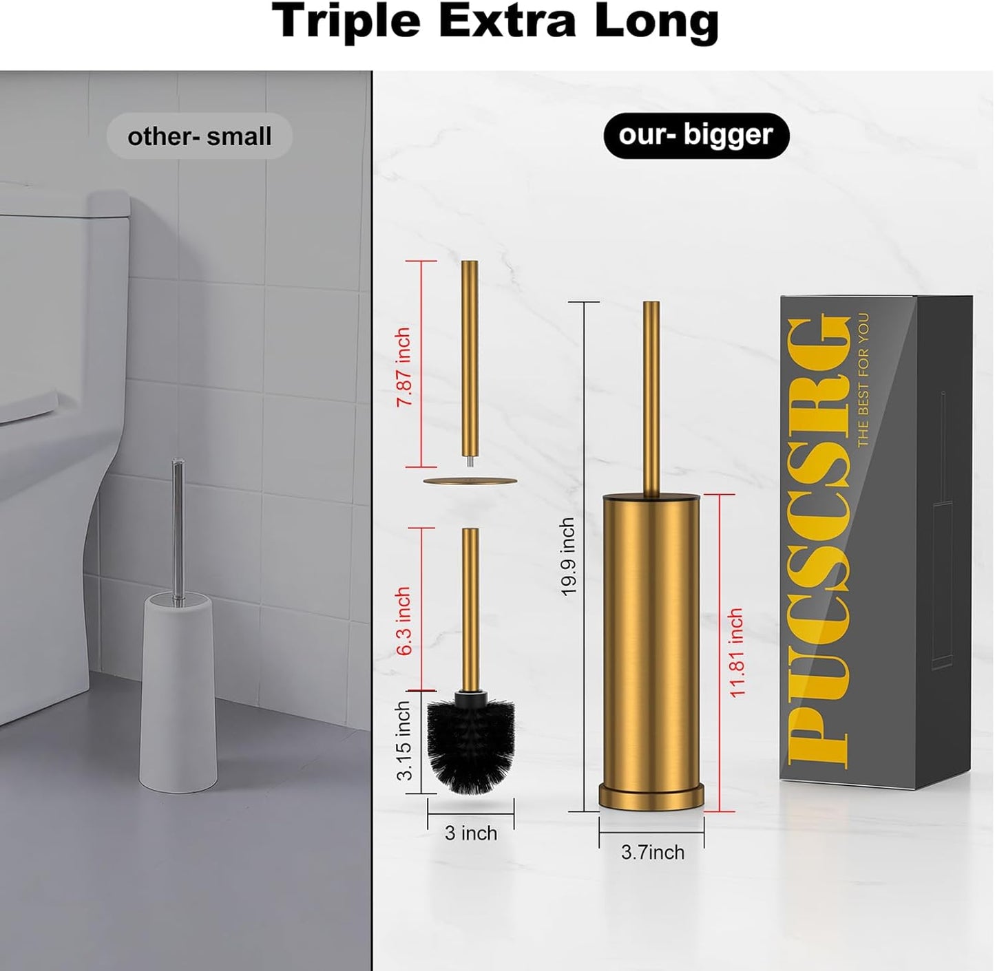 Bronze Toilet Brush and Holder Set，Stainless Steel Heavy Duty Toilet Bowl Brush，Extra Long Handled Modern Toilet Cleaner Brush, Removable Inner Bowl, and Splash Protection