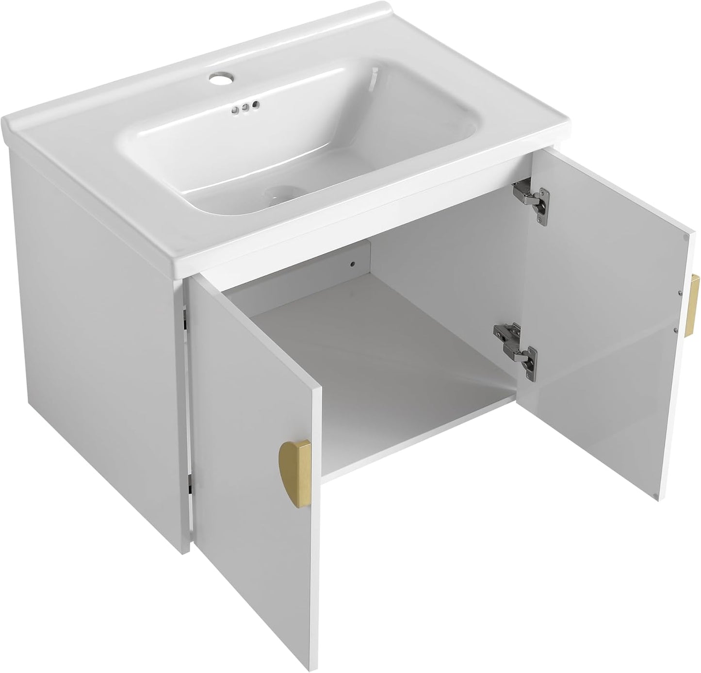 SSLine Modern 24-Inch Bathroom Vanity with Sink Wall Mounted Bathroom Vanity with Top Basin & Storage Cabinet White Wood Floating Vanity w/Ceramic Sink & Gold/Black Handles for Small Space