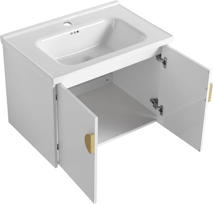 SSLine Modern 24-Inch Bathroom Vanity with Sink Wall Mounted Bathroom Vanity with Top Basin & Storage Cabinet White Wood Floating Vanity w/Ceramic Sink & Gold/Black Handles for Small Space