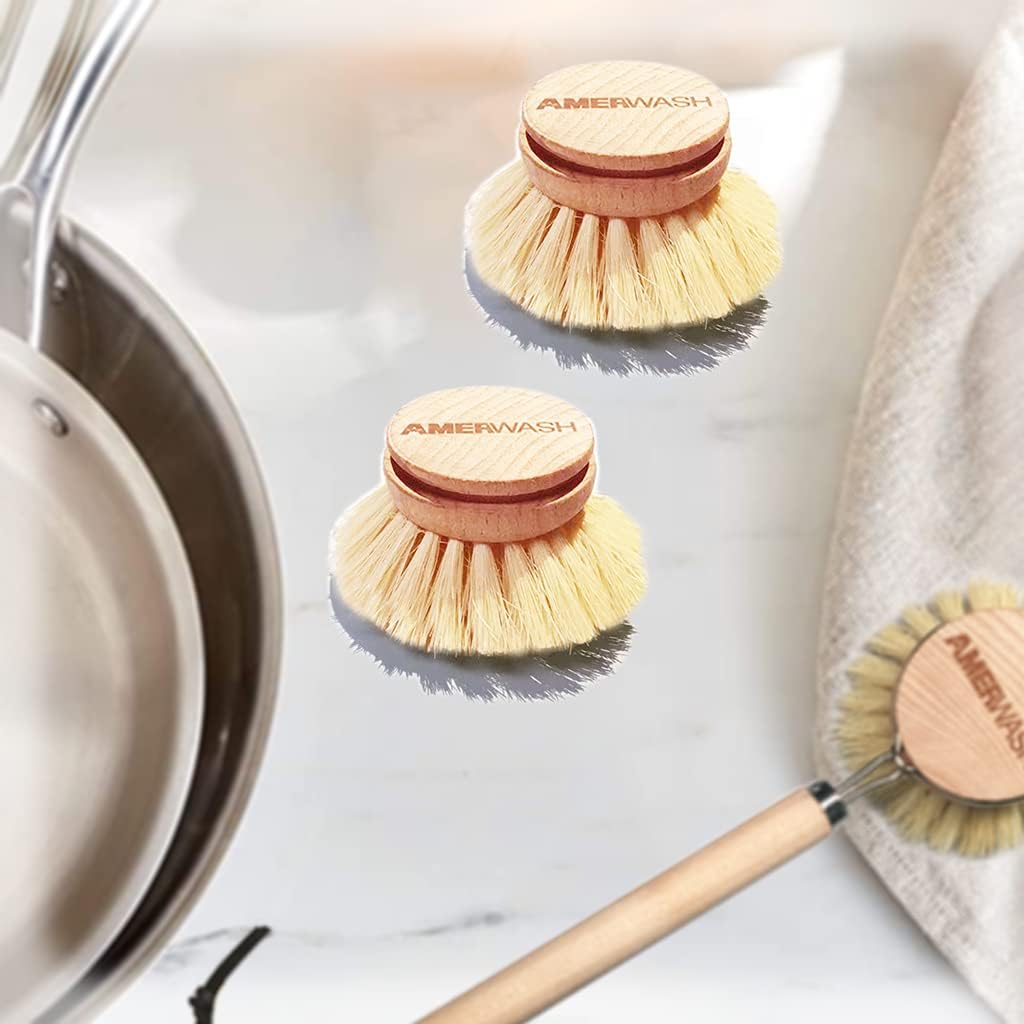 AMERWASH PLUS Dish Brush with Wooden Handle, Natural Kitchen Brush for Dishes Vegetable, Pots and Pans, Tampico Fiber Bristles Scrubber, Extra 3 Pack Replacement Head Included