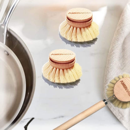 AMERWASH PLUS Dish Brush with Wooden Handle, Natural Kitchen Brush for Dishes Vegetable, Pots and Pans, Tampico Fiber Bristles Scrubber, Extra 3 Pack Replacement Head Included