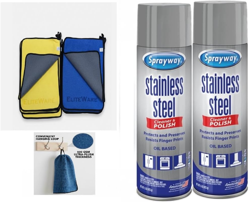 Sprayway Stainless Steel Cleaner Bundle – (2) 15 Oz Stainless Steel Cleaner Polish Cans + EliteWare Premium Microfiber Cloth – Streak-Free Shine for Appliances, Refrigerators & More
