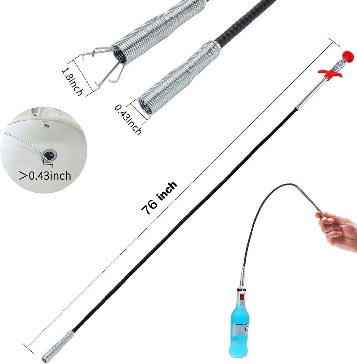Upgraded Drain Snake, 76 inch Hair Drain Clog Remover Tool ， Sink Snake Drain Clog Remover for Sewer Kitchen Bathroom