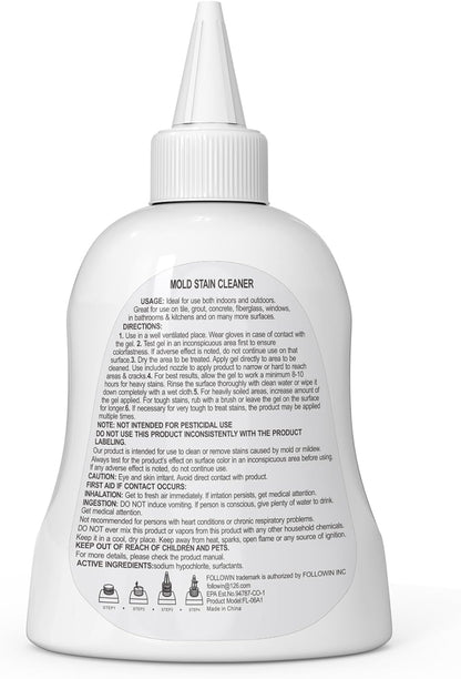 FOLLOWIN Mold and Mildew Remover Gel, Household Stain Cleaner for Washing Machine Seal, Bathroom Grout, Shower Tile, Kitchen Sink, Silicone Caulk - Non-Drip, Deep-Penetrating Formula, 16 oz