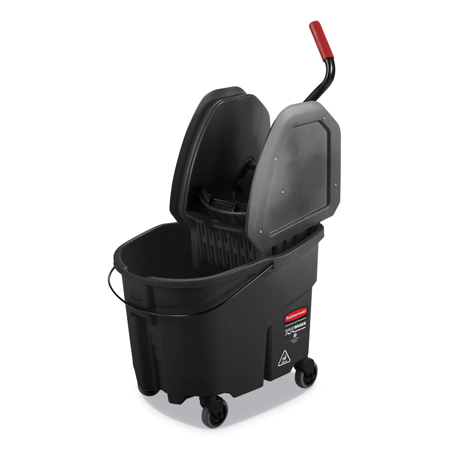 Rubbermaid Commercial Products WaveBrake 35 QT Down-Press Mop Bucket and Wringer Combo on Wheels with Dirty Water Bucket Black for Heavy-Duty Floor Cleaning