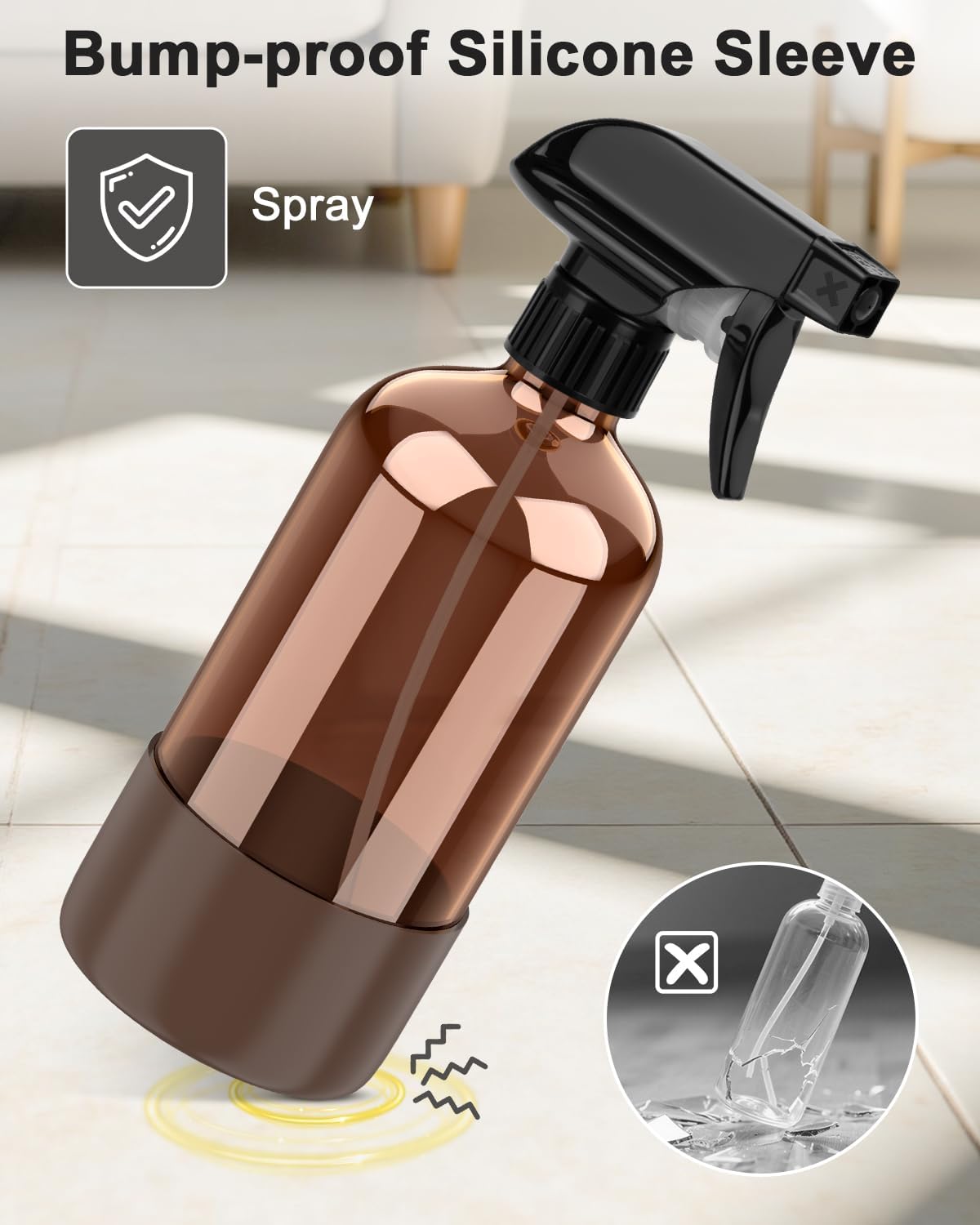 Bontip Amber Glass Spray Bottle with Silicone Sleeve Protection, 16 oz Refillable Spray Bottles for Cleaning Solutions, Plants, Aromatherapy, Facial Hydration (1, Black, 16 oz)