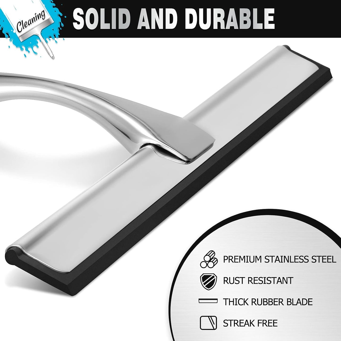 NETANY Shower Squeegee, 14-Inch Matte Black Squeegee, All-Purpose Stainless Steel Squeegee for Bathroom, Shower Doors, Mirrors, Tiles and Car Windows - 100% Streak Free