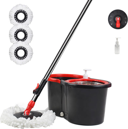 Spin Mop and Bucket with Wringer Set, 360° Spinning Mop Bucket System with 3 Microfiber Mop Replacement Heads, Adjustable Handle for Floor Cleaning (red)