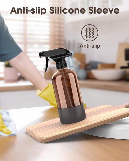 Bontip Glass Spray Bottle with Silicone Sleeve Protection, Amber Glass Spray Bottle Set for Window Cleaner Aromatherapy Facial Hydration Watering Flowers Hair Care 2 Pack/16 oz (Black & Brown)