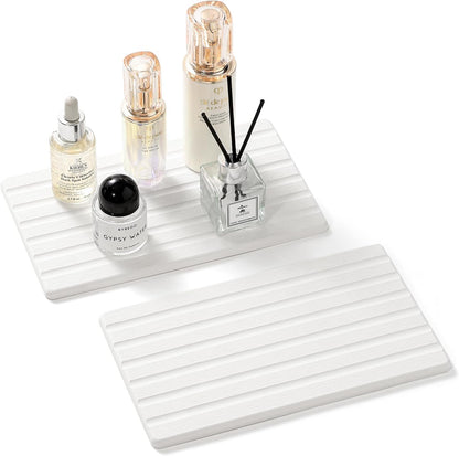 2PCS Water Absorbing Stone Drying Tray Mat for Bathroom Sink & Kitchen Counter Faucet Organizer, Quick Dry Dish Rack Soap Dispenser Sponge Holder, Vanity Sink Caddy Bar Coaster, Ivory White 8“x 4”