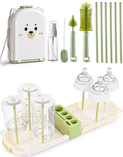 Travel Bottle Cleaner kit, 7in1 Baby Toddler Travel Essential Silicone Bottle Brush Set, Nipple, Drying Rack, Straw, & Breast Pump Cleaning, Soap Dispenser & Organizer Case, Gift Mom