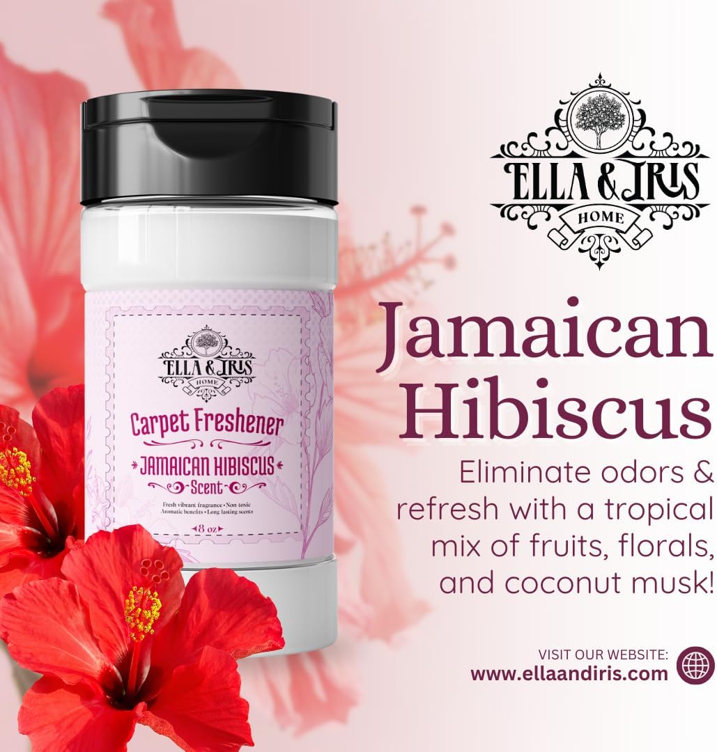 Ella & Iris Home Jamaican Hibiscus Carpet Freshener – Tropical Scent Natural Odor Eliminator & Deodorizer | Safe for Carpets, Rugs, Upholstery & Car Interiors | Made with Baking Soda