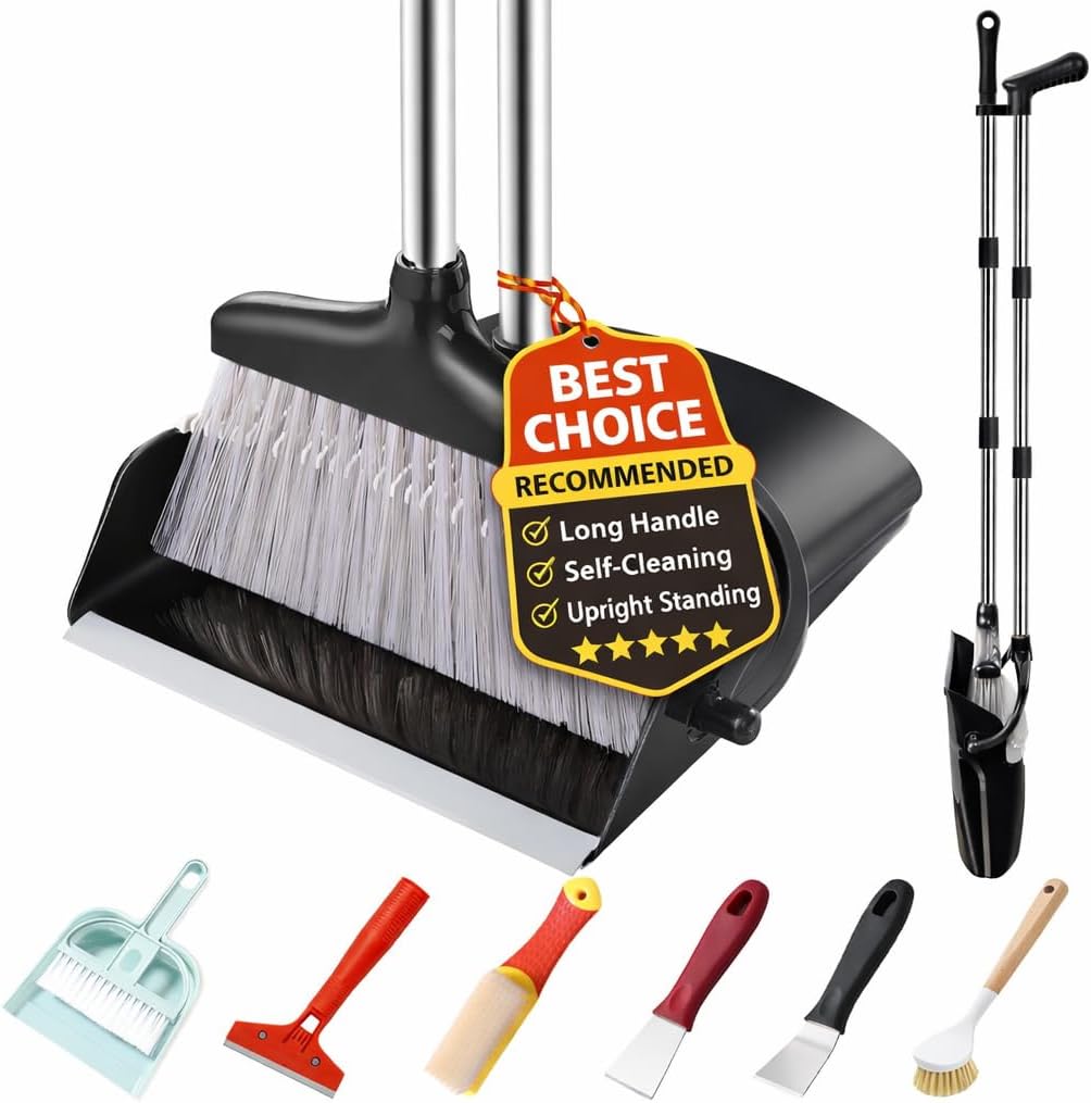 Broom and Dustpan Set with Long Handle, Upright Standing Self-Cleaning Combo, Windproof Dustpan with 6 Bonus Cleaning Tools for Pet Hair, Home, Kitchen, Garage & Apartment